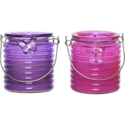 Citronella windlicht met kaars - paars en roze - 20 branduren - citrusgeur - geurkaarsen