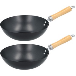 Set van 2x stuks wokpannen met houten handvat 25 cm - Steelpannen