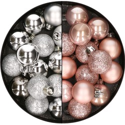28x stuks kleine kunststof kerstballen zilver en zachtroze 3 cm - Kerstbal