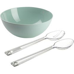 Salade serveer schaal - mintgroen - kunststof - Dia 25 cm - inclusief sla couvert/bestek - Serveerschalen