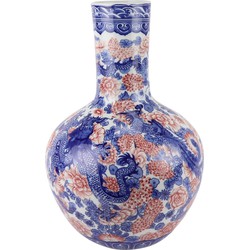 Fine Asianliving Chinese Vaas Blauw Wit Rood Draak Porselein D20xH40cm