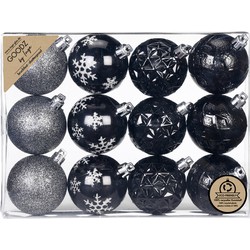 Inge Christmas kerstballen gedecoreerd - 12x - zwart - 6 cm -kunststof - Kerstbal