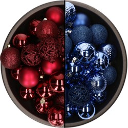 74x stuks kunststof kerstballen mix van kobalt blauw en donkerrood 6 cm - Kerstbal