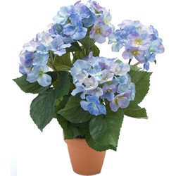 Blauwe hortensia kunstplant in terracotta pot 40 cm - Kunstplanten