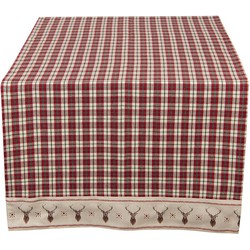 Clayre & Eef Tafelloper  50x140 cm Rood Beige Katoen Rechthoek Ruit Hert Tafelkleed