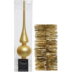 Kerstversiering glazen piek mat 26 cm en folieslingers pakket goud van 3x stuks - kerstboompieken