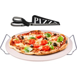 Pizzasteen BBQ/oven rond keramiek 33 cm met handvaten en zwarte pizzaschaar - Pizzaplaten