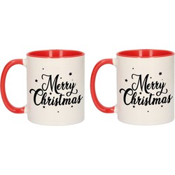 Set van 2x stuks kerstcadeau kerstmokken rood Merry Christmas met sterren 300 ml - Bekers