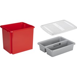 Sunware opslagbox kunststof 45 liter rood 45 x 36 x 36 cm met deksel en organiser tray - Opbergbox