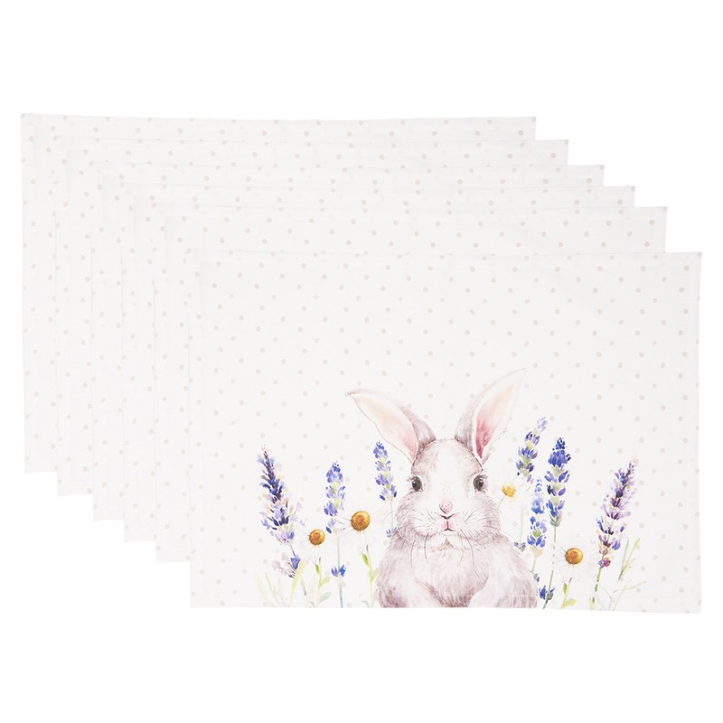 Clayre & Eef Placemats Set van 6  48x33 cm Wit Roze Katoen Rechthoek Lavendel Konijn Tafelmat - 