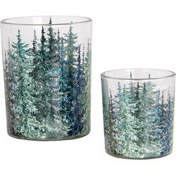 Clayre & Eef Theelichthouder Set van 2 Ø 7x8 / 10x13 cm Groen Glas Dennenbomen