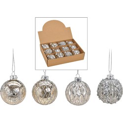 Kerstballen set - 12x stuks - glas - zilver - gedecoreerd - 6 cm - kerstversiering - Kerstbal