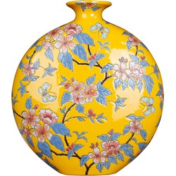Fine Asianliving Chinese Vaas Porselein Geel Bloemen Handgeschilderd