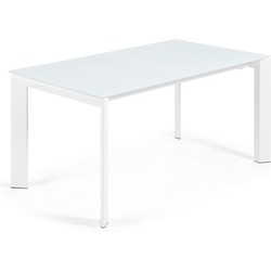 Kave Home - Axis uitschuifbare tafel in wit glas en wit stalen poten 160 (220) cm