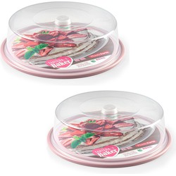 2x stuks ronde taart/gebak bewaardoos transparant 32 x 9,5 cm met roze bodem - Taartplateaus