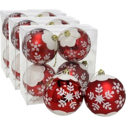 12x stuks gedecoreerde kerstballen rood kunststof 8 cm - Kerstbal