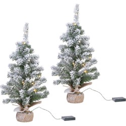 2x stuks kunstbomen/kunst kerstbomen met sneeuw en licht 90 cm - Kunstkerstboom