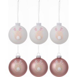 J-line - Doos Van 6 Kerstballen 3+3 Rendier Glas Licht Roze/wit Small - 9.5x8.5x10cm