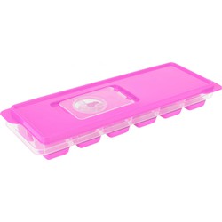 Tray met ijsklontjes/ijsblokjes vormpjes 12 vakjes kunststof roze met afsluitdeksel - IJsblokjesvormen