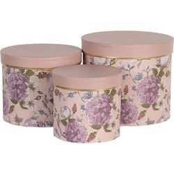 Clayre & Eef Hoedendoos Set van 3  Ø 20x17 / Ø 17x15 / Ø 14x13 cm Roze Karton Rond Bloemen Opbergdoos