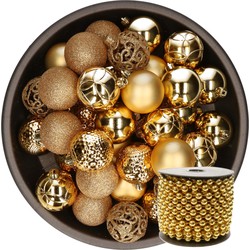 37x stuks kunststof kerstballen 6 cm inclusief kralenslinger goud - Kerstbal