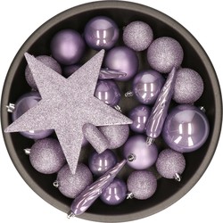 Set van 33x stuks kunststof kerstballen met ster piek heide lila paars mix - Kerstbal