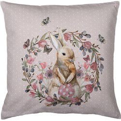 Clayre & Eef Kussenhoes  40x40 cm Beige Roze Katoen Vierkant Konijn Bloemen Sierkussenhoes