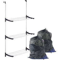 Nordix Wasrek - met 2 Waszakken - Groot - Zwart - XL - Droogrek - Deur - Inklapbaar - wanddroogrek - Hangend - Trekbandsluiting