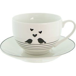 Clayre & Eef Kop en schotel  220 ml Wit Zwart Porselein Harten Vogels Servies