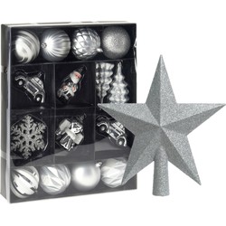 Kerstballen en ornamenten incl. ster piek zilver/wit kunststof - Kersthangers