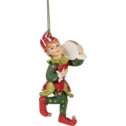 Clayre & Eef Kersthanger Elf 11 cm Rood Groen Polyresin Kerstboomversiering