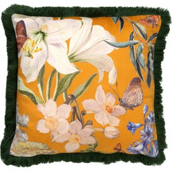 Dutch Decor HANNA - Sierkussen 45x45 cm - bloemen - vlinders - franjes - Golden Glow - geel - Dutch Decor