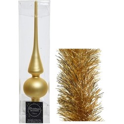 Kerstversiering glazen piek mat 26 cm en folieslingers pakket goud van 3x stuks - kerstboompieken