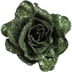 Groene decoratie roos glitters op clip 10 cm - Feestdecoratievoorwerp