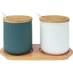 Krumble 2 keramieke potjes met lepels op ronde houten plankje - Groen + wit