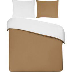 DoubleDry Dekbedovertrek 100% Percal Katoen - Lits Jumeaux 240x200/220 cm + 2 Kussenslopen - Zacht, Ademend en Huidvriendelijk - Camel/Wit