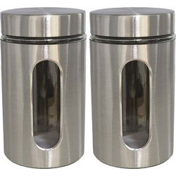 Gerimport Voorraadpot - 2x - zilverkleurig - RVS - deksel - 1000 ml - Voorraadpot