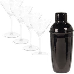 4x Cocktailglazen / martiniglazen 260 ml + cocktailshaker zwart 500 ml RVS - Cocktailglazen