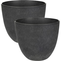 2x stuks plantenpot/bloempot in een natuursteen look Dia 17 cm en Hoogte 15 cm zwart - Plantenpotten