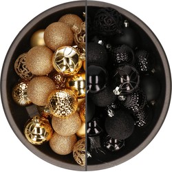 74x stuks kunststof kerstballen mix van goud en zwart 6 cm - Kerstbal