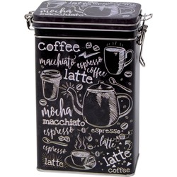 Koffieblik/bewaarblik - zwart - cafe print - 19 cm - rechthoekig - Voorraadblikken