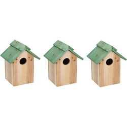 Lifetime Garden Vogelhuisje - 3x - hout - 24 x 18 x 14 cm - groen dak - Vogelhuisjes