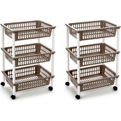 2x stuks opberg trolley/roltafel/organizer met 3 manden 40 x 30 x 61,5 cm wit/taupe - Opbergmanden