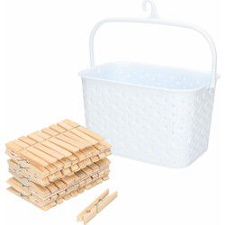 Wasknijpers mandje met ophanghaak - wit - gevuld met 100x houten wasknijpers van 7 cm - knijperszakken