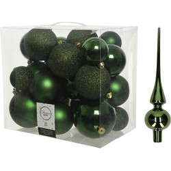 Kerstversiering kunststof kerstballen met piek donkergroen 6-8-10 cm pakket van 27x stuks - Kerstbal