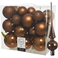 Set van 26x stuks kunststof kerstballen incl. glazen piek glans kaneel bruin - Kerstbal