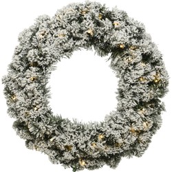 Kerstkrans/dennenkrans groen met sneeuw en warm witte verlichting met timer 35 cm - Kerstkransen