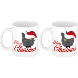 Set van 2x stuks kerstcadeau mokken/bekers Merry Christmas met grijze kat / poes Kerstmis 300 ml - Bekers