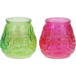 Windlicht geurkaars - 2x - groen/roze glas - 48 branduren - citrusgeur - geurkaarsen
