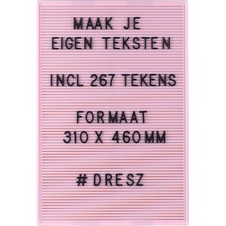 Dresz Letterbord Inclusief 267 Zwarte Letters, Nummers, Symbolen en 2 Bevestiginshaken Leuke Woondecoratie, 31 x 46 cm, Roze 